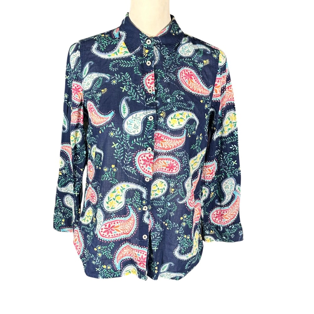 Talbots Button Down Shirt Womens SP Navy Blue Paisley Floral Cotton Long Sleeve‎